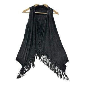 T Party Fringe Vest Women's M Acid Wash Black Long Fringe Western Festival